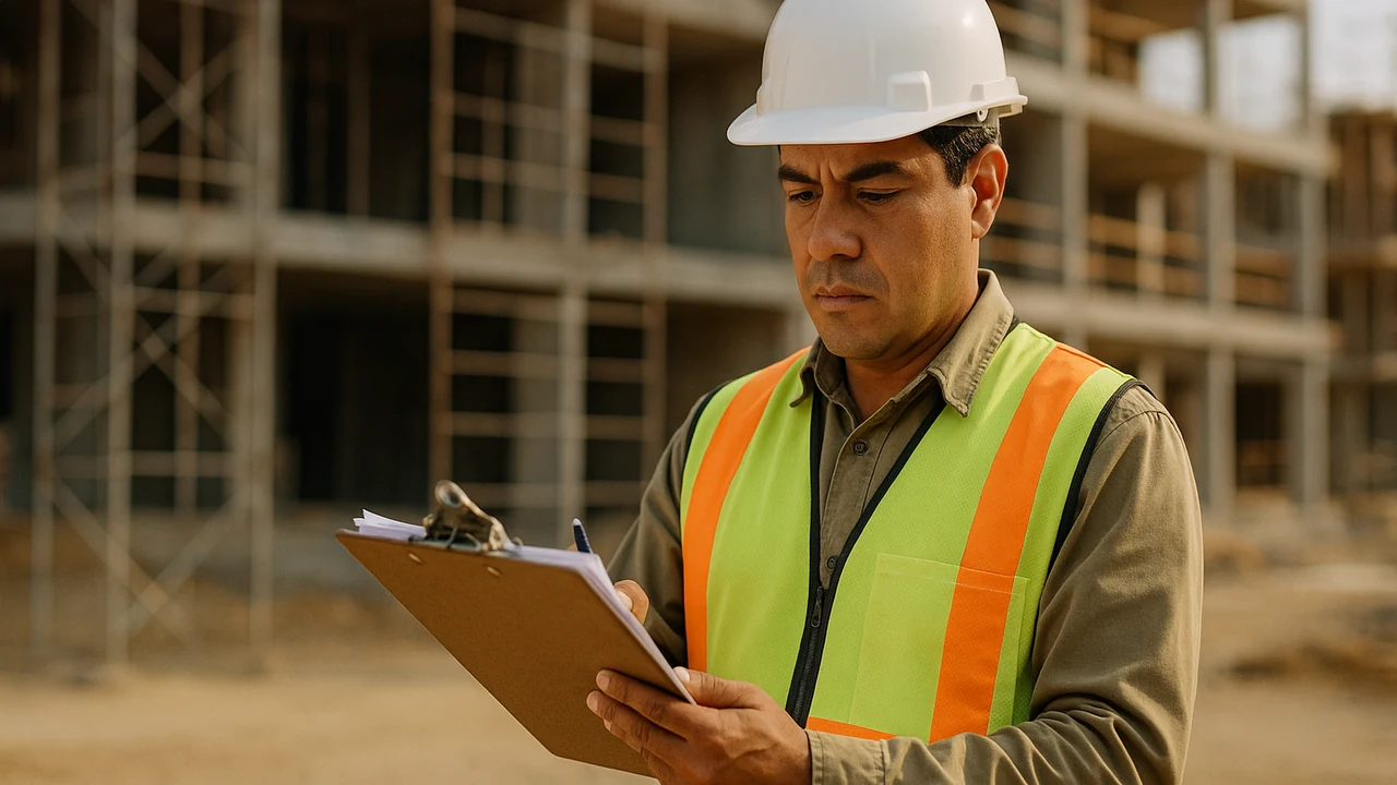 Ingeniero contratista revisando planos en obra