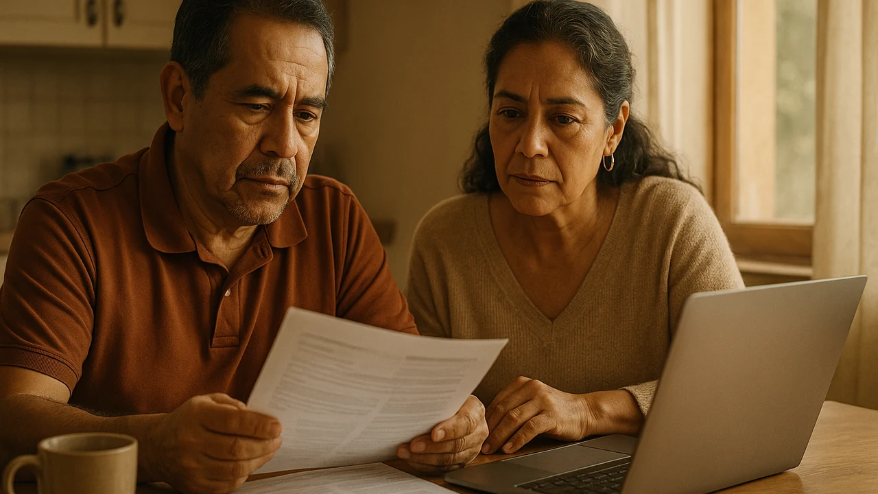 Pareja colombiana revisando sus documentos de pensión en casa