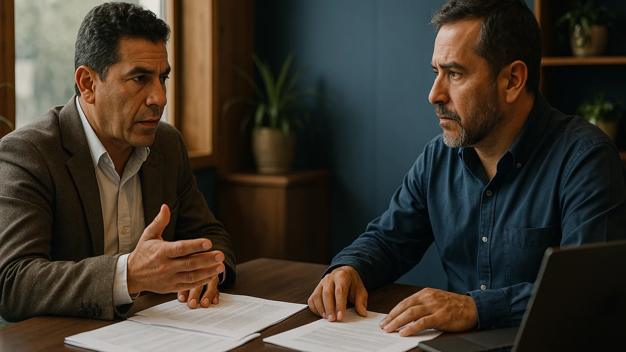 Dos socios de una empresa colombiana conversando sobre la continuidad del negocio