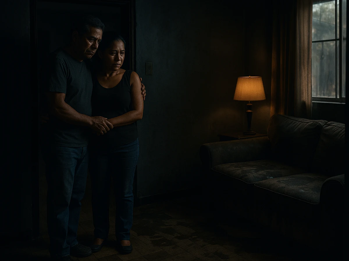 Pareja frente a los daños en la sala de su vivienda